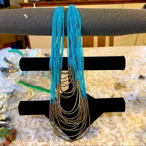 Vtg 24 Strand Seed Bead Necklace Gold Tone & Turquoise Color Southwest Vibe 36” - Picture 2 of 8